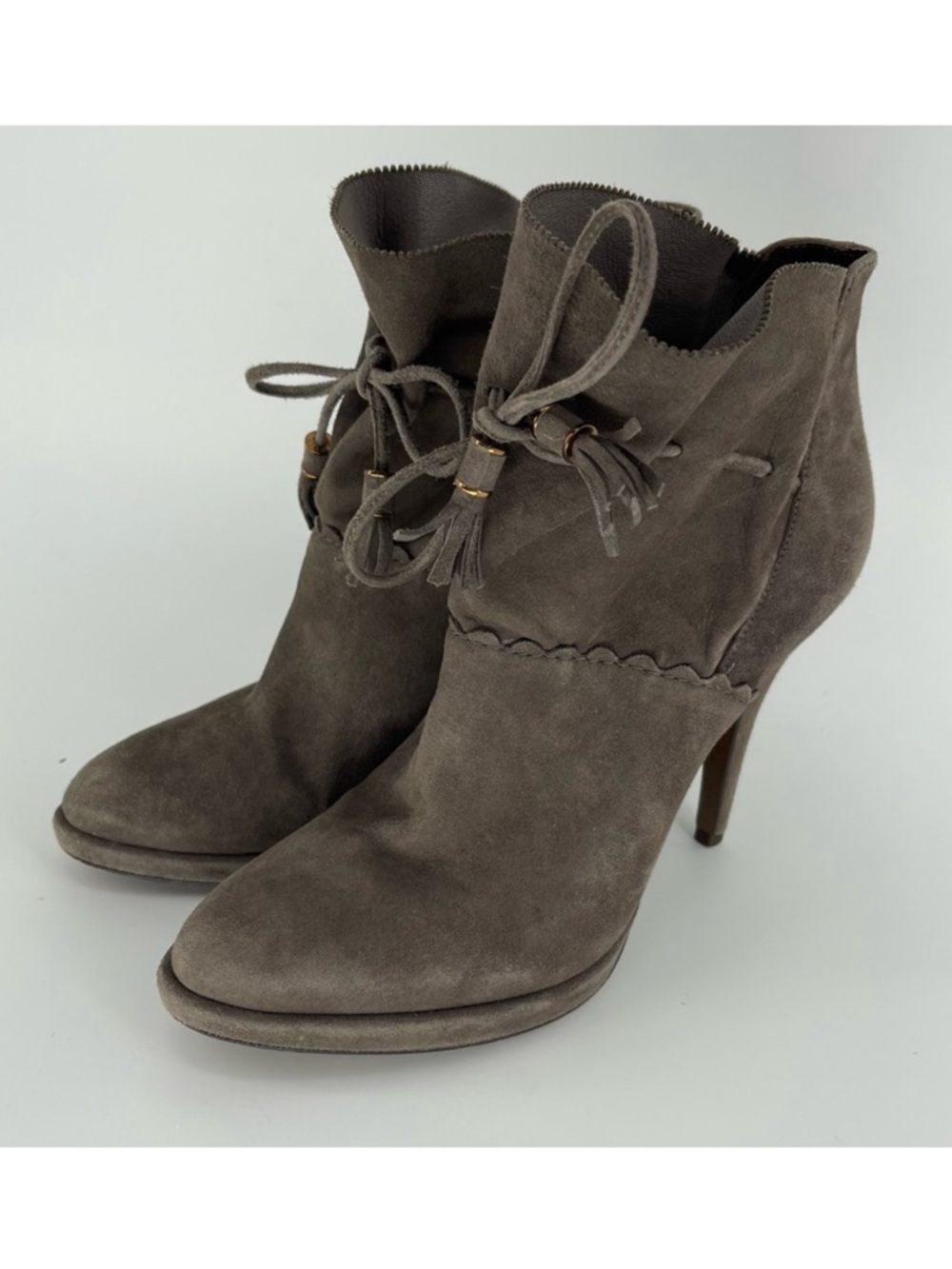 Aerin Maycroft Grey Suede Leather Ruffled Ankle Booties, 4" Heel, Women's 6